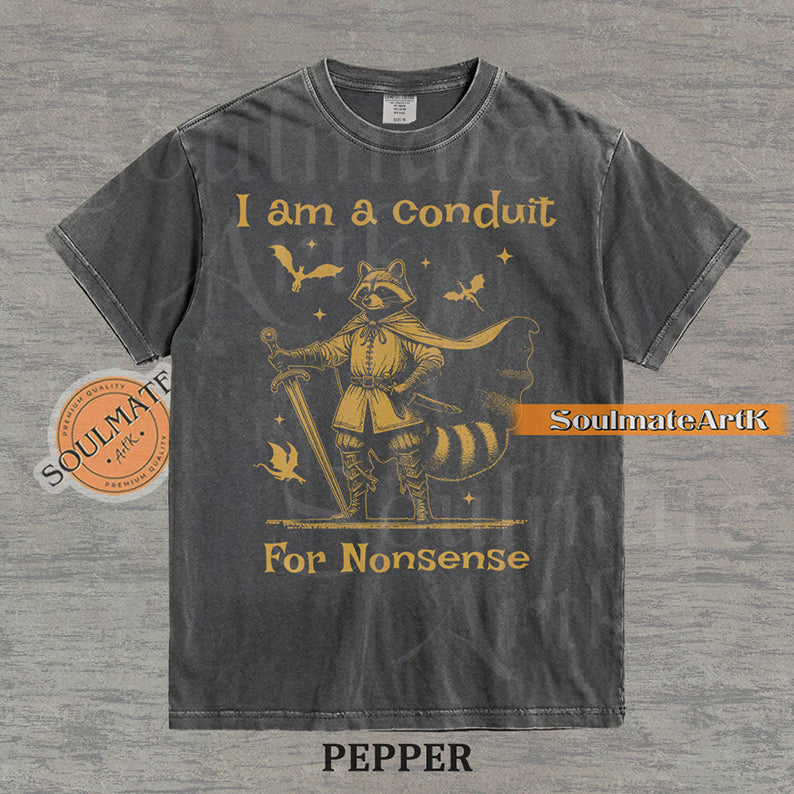 Illustration of a raccoon in knight armor with a cape and sword surrounded by dragons and the text "I am a conduit For Nonsense" on a washed pepper t-shirt.