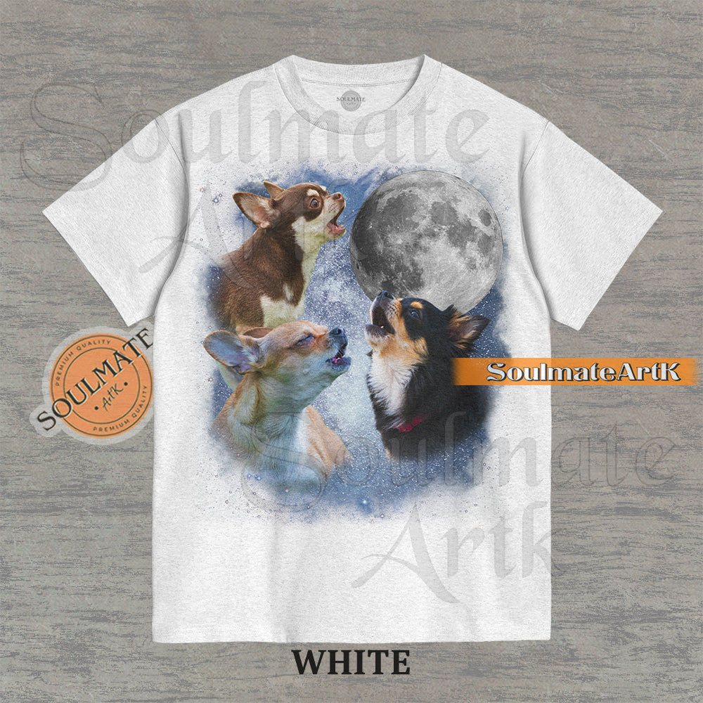 A funny parody t-shirt featuring three Chihuahuas howling at a full moon in the style of the vintage Three Wolf Moon shirt. A retro, ironic graphic for dog lovers.