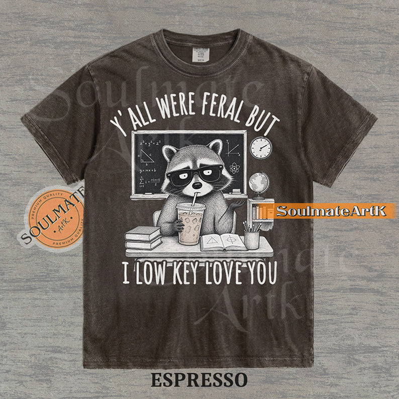 Hand-drawn illustration of a raccoon teacher at a desk with coffee and books under text reading "Y'all Were Feral But I Low Key Love You" on a washed espresso shirt.