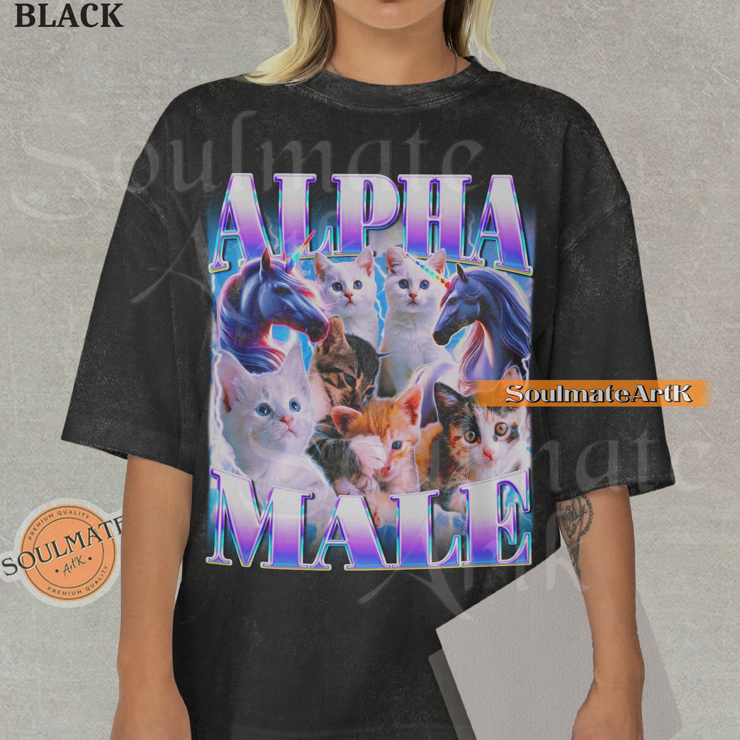 Collage of several cute kittens and two unicorns surrounded by blue lightning with bold purple and blue text reading Alpha Male on a washed black shirt.