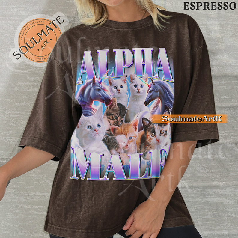 Collage of several cute kittens and two unicorns surrounded by blue lightning with bold purple and blue text reading Alpha Male on a washed espresso shirt.