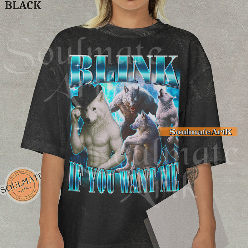 Graphic collage of muscular wolves and a cowboy wolf surrounded by blue lightning with bold blue text on a washed black shirt.