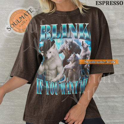 Graphic collage of muscular wolves and a cowboy wolf surrounded by blue lightning with bold blue text on a washed espresso shirt.