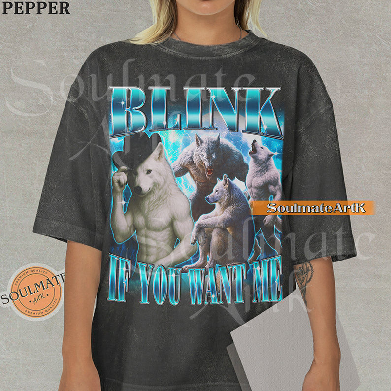 Graphic collage of muscular wolves and a cowboy wolf surrounded by blue lightning with bold blue text on a washed pepper shirt.