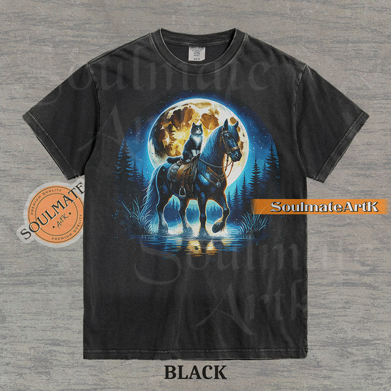 Detailed illustration of a cat sitting on a horse's saddle wading through a stream under a large full moon on a washed black t-shirt.