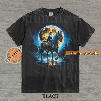 Detailed illustration of a cat sitting on a horse's saddle wading through a stream under a large full moon on a washed black t-shirt.