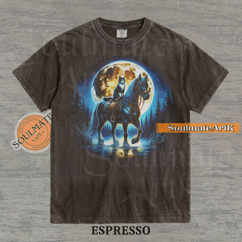 Detailed illustration of a cat sitting on a horse's saddle wading through a stream under a large full moon on a washed espresso t-shirt.