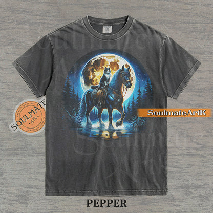 Detailed illustration of a cat sitting on a horse's saddle wading through a stream under a large full moon on a washed pepper t-shirt.