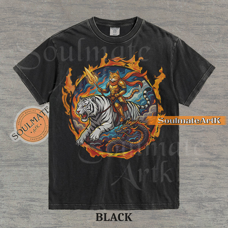 Illustration of an armored cat warrior riding a white tiger over a dragon, surrounded by a circle of fire on a washed black shirt.