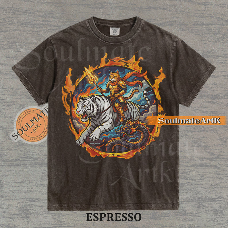 Illustration of an armored cat warrior riding a white tiger over a dragon, surrounded by a circle of fire on a washed espresso shirt.