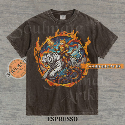 Illustration of an armored cat warrior riding a white tiger over a dragon, surrounded by a circle of fire on a washed espresso shirt.