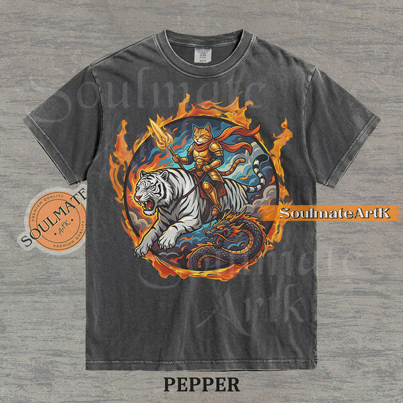 Illustration of an armored cat warrior riding a white tiger over a dragon, surrounded by a circle of fire on a washed pepper shirt.