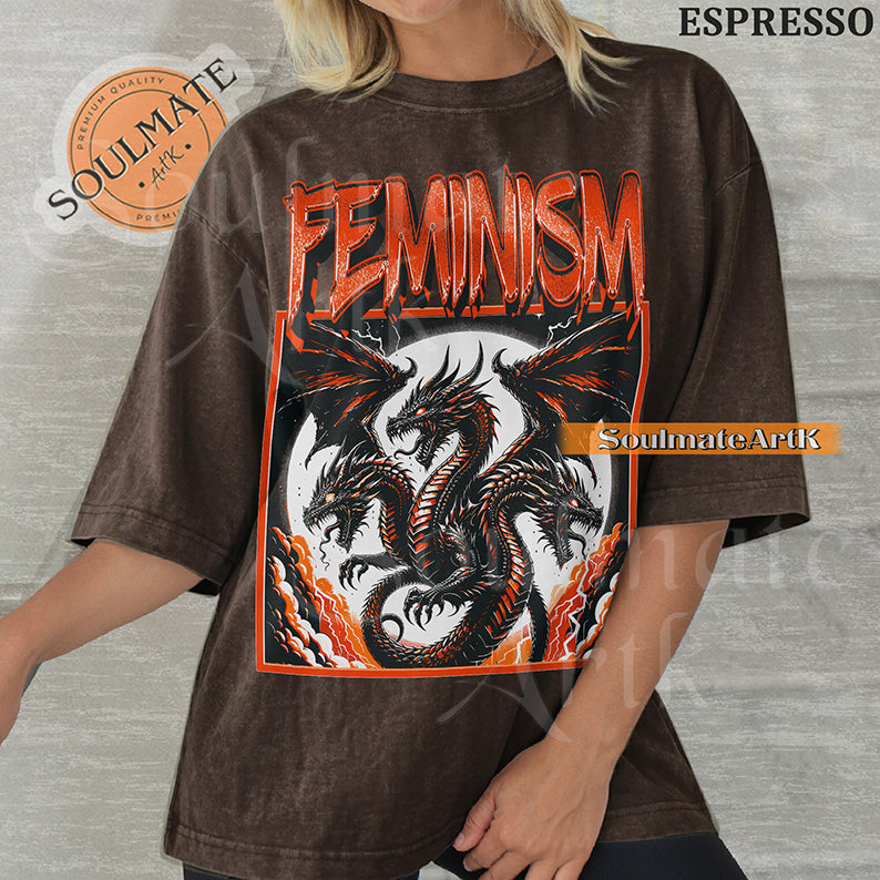 Illustration of a multi-headed red and black dragon in a framed graphic with bold red text reading Feminism on a washed espresso shirt.