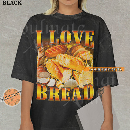 Graphic collage of various types of bread and loaves surrounded by golden lightning with bold gradient text reading I LOVE BREAD on a washed black shirt.