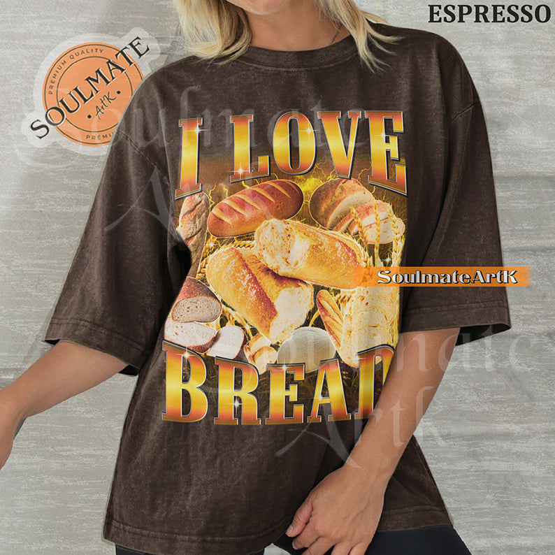 Graphic collage of various types of bread and loaves surrounded by golden lightning with bold gradient text reading I LOVE BREAD on a washed espresso shirt.