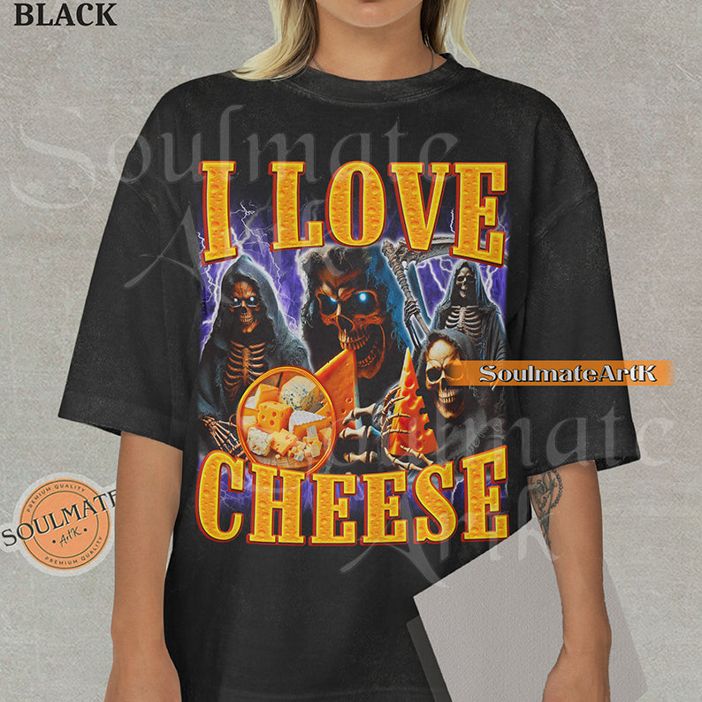 Vintage-style bootleg graphic of a skeleton excitedly holding a large wedge of cheese with the text I Love Cheese in a bold 90s metallic font on a washed t-shirt.