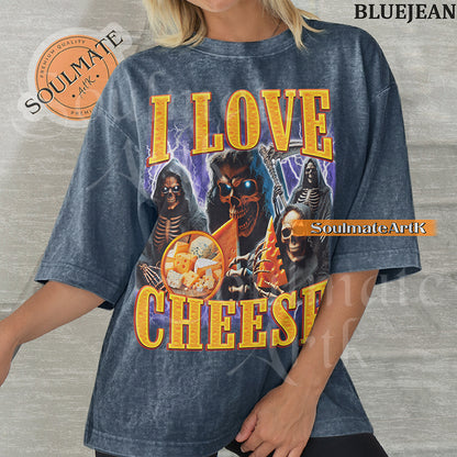 Vintage-style bootleg graphic of a skeleton excitedly holding a large wedge of cheese with the text I Love Cheese in a bold 90s metallic font on a washed t-shirt.