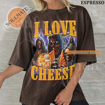 Vintage-style bootleg graphic of a skeleton excitedly holding a large wedge of cheese with the text I Love Cheese in a bold 90s metallic font on a washed t-shirt.