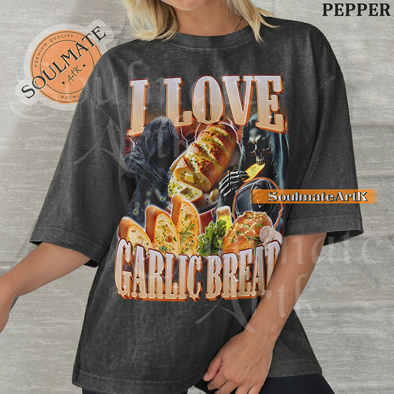 Graphic collage of hooded skeletons and reapers with golden garlic bread and lightning with bold text reading I LOVE GARLIC BREAD on a washed pepper shirt.
