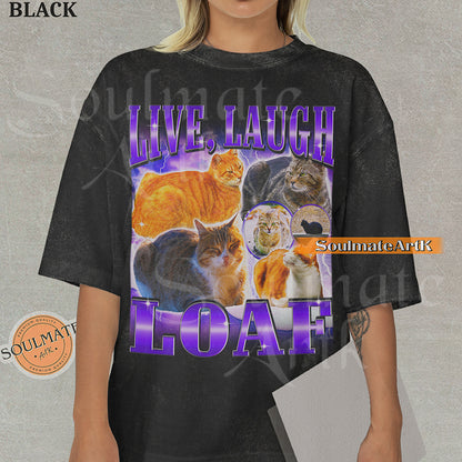 Collage of several cats sitting in loaf positions surrounded by purple lightning with bold purple text reading Live Laugh Loaf on a black shirt.