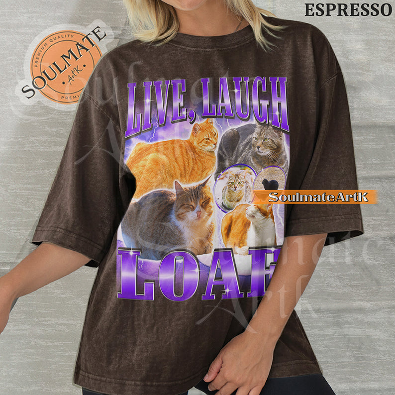 Collage of several cats sitting in loaf positions surrounded by purple lightning with bold purple text reading Live Laugh Loaf on a espresso shirt.
