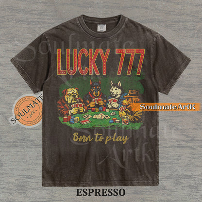 Retro-style illustration of four dogs playing poker under bold "LUCKY 777" text on a washed espresso shirt.