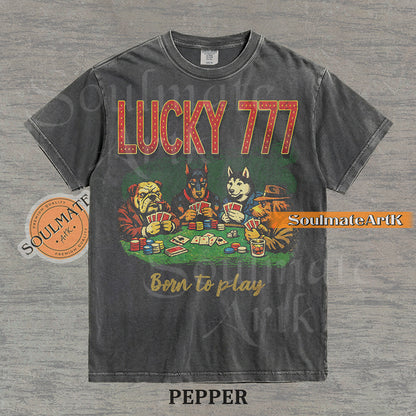 Retro-style illustration of four dogs playing poker under bold "LUCKY 777" text on a washed pepper shirt.