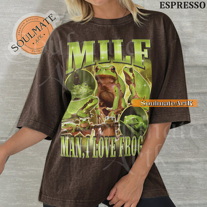 Vintage-style collage of green frogs with lightning effects and bold metallic text reading MILF Man I Love Frogs on a washed espresso t-shirt.