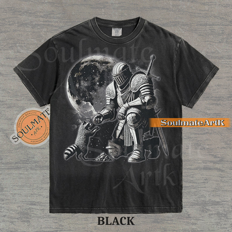 Detailed illustration of a kneeling medieval knight petting a raccoon in front of a giant moon on a washed black shirt.