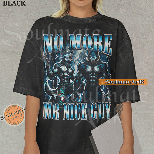 Graphic of two muscular blue-furred werewolves with glowing eyes surrounded by lightning with bold blue text on a washed black shirt.