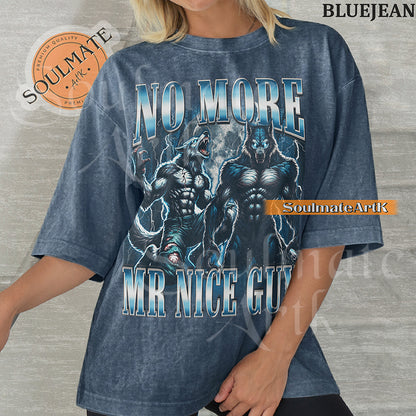 Graphic of two muscular blue-furred werewolves with glowing eyes surrounded by lightning with bold blue text on a washed bluejean shirt.