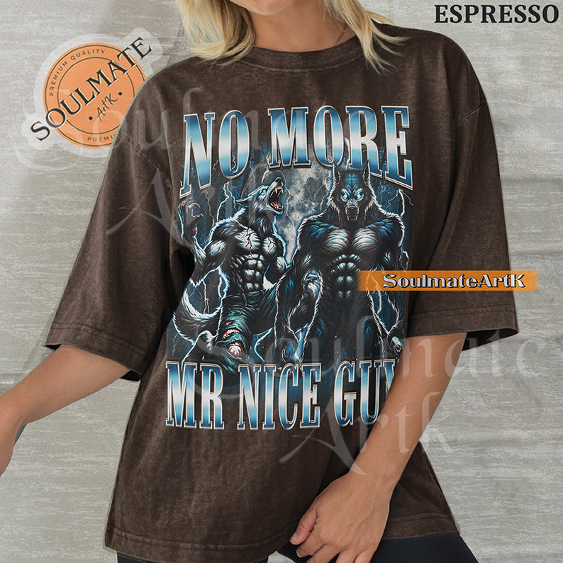 Graphic of two muscular blue-furred werewolves with glowing eyes surrounded by lightning with bold blue text on a washed espresso shirt.