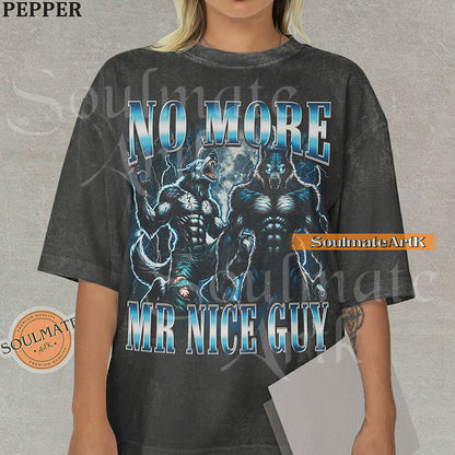 Graphic of two muscular blue-furred werewolves with glowing eyes surrounded by lightning with bold blue text on a washed pepper shirt.