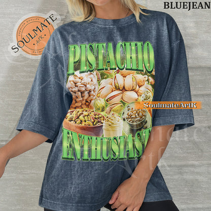 Collage featuring pistachios in shells, roasted kernels, and treats surrounded by green lightning with bold green text on a washed bluejean shirt.