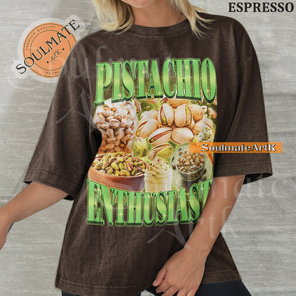 Collage featuring pistachios in shells, roasted kernels, and treats surrounded by green lightning with bold green text on a washed espresso shirt.