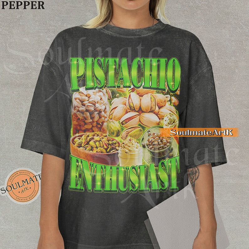 Collage featuring pistachios in shells, roasted kernels, and treats surrounded by green lightning with bold green text on a washed pepper shirt.
