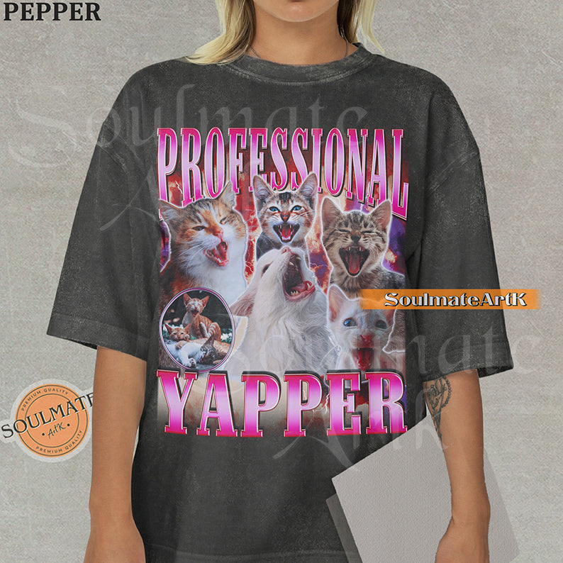 Maximalist vintage-style graphic of multiple kittens meowing with red lightning and pink metallic text reading Professional Yapper on a pepper Comfort Colors t-shirt.
