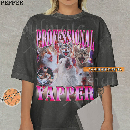 Maximalist vintage-style graphic of multiple kittens meowing with red lightning and pink metallic text reading Professional Yapper on a pepper Comfort Colors t-shirt.