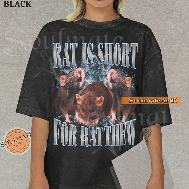 Vintage-style collage of three brown rats with blue lightning and metallic text reading Rat Is Short For Ratthew on a washed black t-shirt.