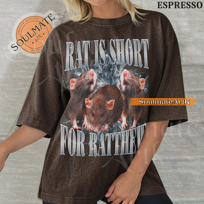 Vintage-style collage of three brown rats with blue lightning and metallic text reading Rat Is Short For Ratthew on a washed espresso t-shirt.