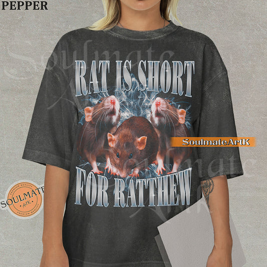 Vintage-style collage of three brown rats with blue lightning and metallic text reading Rat Is Short For Ratthew on a washed pepper t-shirt.