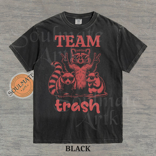 Illustration of a raccoon and two opossums wearing sunglasses with the text "TEAM trash" in red on a washed black shirt.