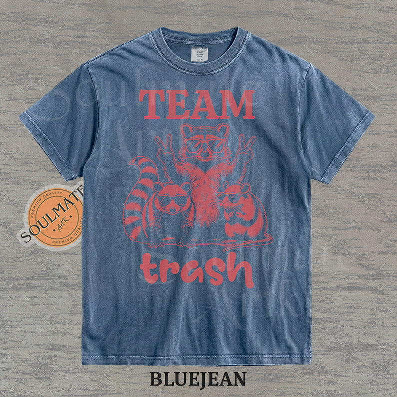 Illustration of a raccoon and two opossums wearing sunglasses with the text "TEAM trash" in red on a washed bluejean shirt.