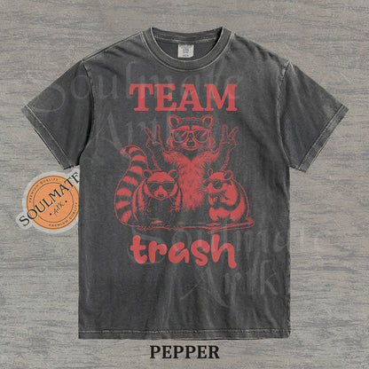 Illustration of a raccoon and two opossums wearing sunglasses with the text "TEAM trash" in red on a washed pepper shirt.