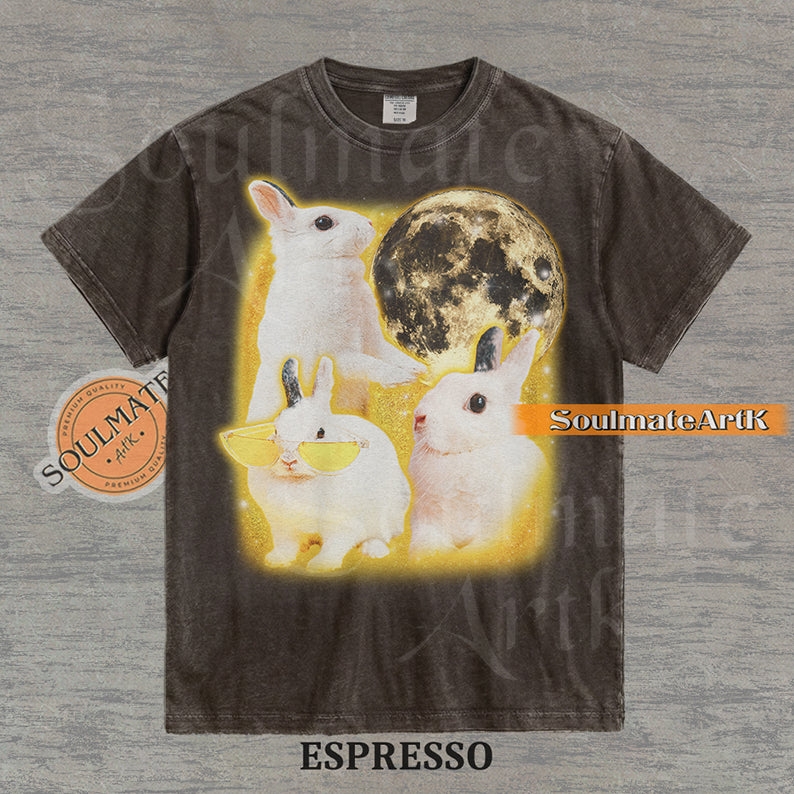 Graphic of three white rabbits—one wearing yellow sunglasses—next to a full moon in a golden space setting on a washed espresso t-shirt.