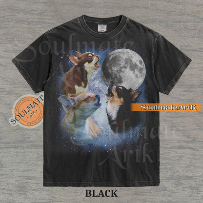 Collage of three Chihuahuas howling in front of a glowing full moon and a starry night sky on a washed black shirt.