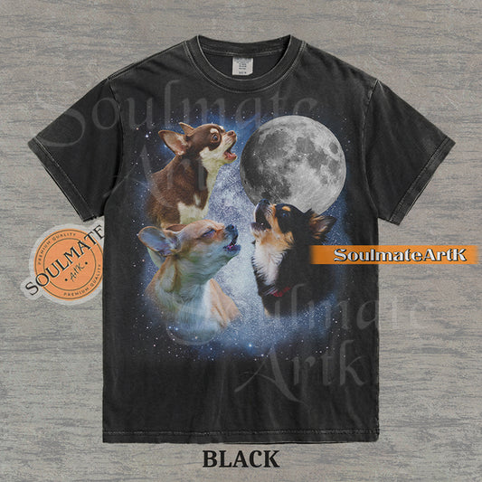 Collage of three Chihuahuas howling in front of a glowing full moon and a starry night sky on a washed black shirt.