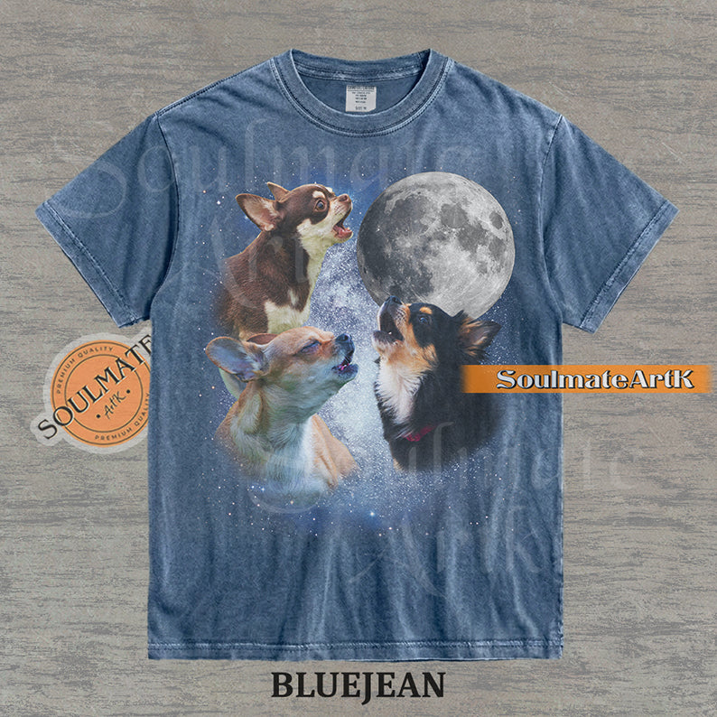 Collage of three Chihuahuas howling in front of a glowing full moon and a starry night sky on a washed bluejean shirt.
