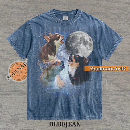 Collage of three Chihuahuas howling in front of a glowing full moon and a starry night sky on a washed bluejean shirt.