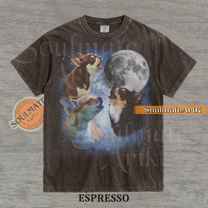 Collage of three Chihuahuas howling in front of a glowing full moon and a starry night sky on a washed espresso shirt.